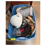 Blue Plastic Storage Bin with Miscellaneous Items
