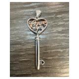 Sterling Silver Key-Shaped Pendant with Heart Desi