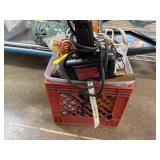 Tools and Hardware in Red Plastic Crate