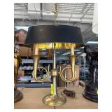 Brass Table Lamp with Black Metal Shade and Horn D