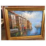 Framed Oil Painting of Canal Scene Signed by Artis