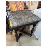 Carved Wooden Table with Detailed Top and Broken L