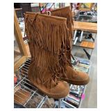 Brown Suede Fringe Moccasin Boots, Size 9