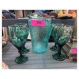 Green Glass Pitcher and Goblet Set With Crackle Te