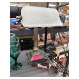 Brass Banker Lamp With Frosted Glass Shade