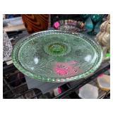 Green Depression Glass Cake Stand with Floral Desi