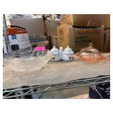 Glass Bowl, Pink Butter Dish, and Smucker’s