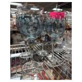 4 Blue Etched Floral Wine Glasses with Gold Trim