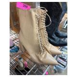 Beige Pointed-Toe Lace-Up High-Heeled Boots Size 6
