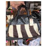 Leather and Zebra-Pattern Handbag with Tag