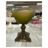 Green Frosted Glass Compote on Ornate Metal Base