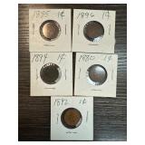 Five Late 19th Century One Cent Coins