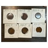 Six Lincoln Wheat Cents in Holders