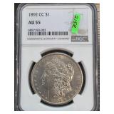 1892 CC Morgan Silver Dollar Graded AU 55 by NGC