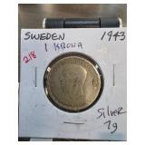 1943 Sweden 1 Krona Silver Coin