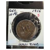 1916 German 10 Pfennig WWI Zinc Coin