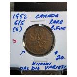 1952 Canada Cent with 5/5 Double Die Variety