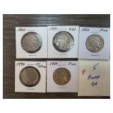 5 Buffalo Nickels, Various Dates and Grades