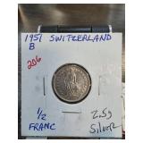 1951-B Switzerland 1/2 Franc Silver Coin