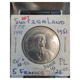 1951 Switzerland 5 Francs Silver Coin