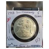 1948 Switzerland 5 Franc Silver Coin