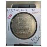 1937 France 20 Francs Silver Coin