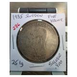 1935 Sweden Five Kronor Silver Coin