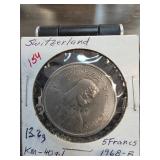 1968 Switzerland 5 Francs Coin, 13.2g, KM# 40.1