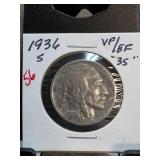 1936-S Buffalo Nickel VF/EF Condition