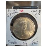 1965-B Swiss 5 Franc Silver Coin in AU Condition