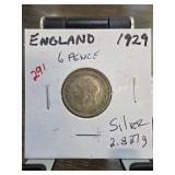 1929 England Silver Sixpence Coin