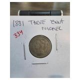 1881 Three-Cent Nickel Coin in Holder