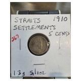 1910 Straits Settlements 5 Cents Silver Coin