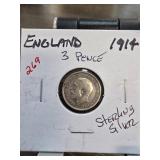 1914 England Sterling Silver 3 Pence Coin