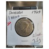 Sweden 1924 1 Krona Silver Coin, 7.5g