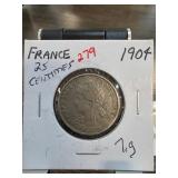 1904 France 25 Centimes Coin, 7 g