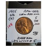 1955-S/S Lincoln Wheat Cent RPM-002 Gem Red UNC