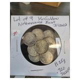 9 Netherlands East Indies 1/10 Gulden Coins