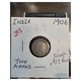 1906 India Two Annas Silver Coin in Holder