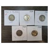 Five Buffalo Nickels from 1920, 1934-1937