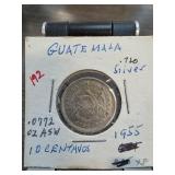 1955 Guatemala 10 Centavos Silver Coin