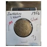 Sweden 1956 1 Krona Silver Coin, 7g