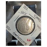 1932 Swiss 2 Franc Silver Coin in Holder