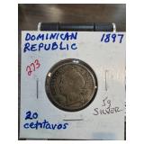 1897 Dominican Republic 20 Centavos Silver Coin