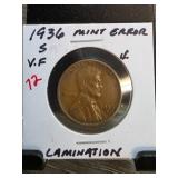 1936 Lincoln Wheat Cent Mint Error Lamination