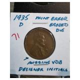 1935-D Lincoln Wheat Cent With Mint Error