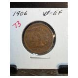 1906 Indian Head One Cent Coin in VF to EF
