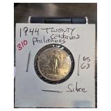 1944 Philippines Twenty Centavos Silver Coin, MS63