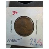 1928-S Lincoln Wheat Cent in Cardboard Holder