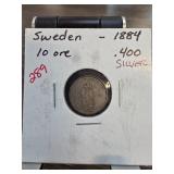 1884 Sweden 10 Ore Silver Coin